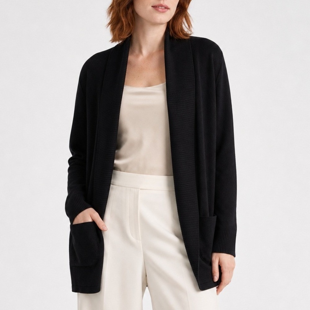 Quince Mongolian Cashmere Open Cardigan Sweater Pockets Shawl Trip Black XS NWT